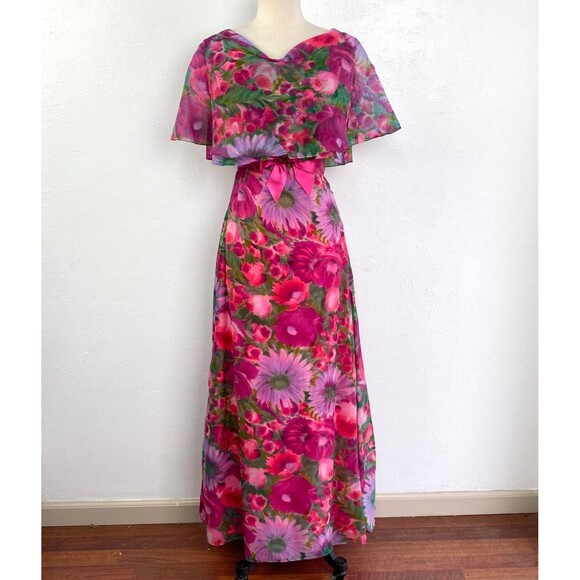 Vintage Pink Floral Maxi Formal Dress Small Chiffon Sleeveless Wedding Proms - Picture 1 of 13